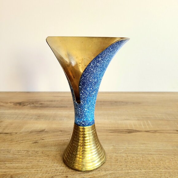 Vintage solid brass and blue enamel one of a kind design vase with opening. - Picture 8 of 9